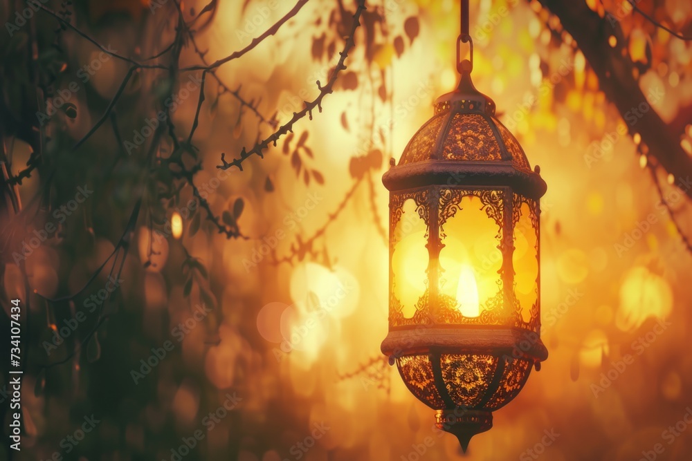 Aufkleber A lantern hanging from a tree in the sunlight. This image can be used to create a cozy and warm atmosphere