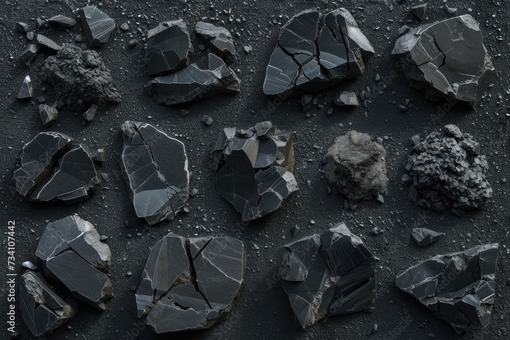 Poster a bunch of black rocks on a black surface. suitable for various applications