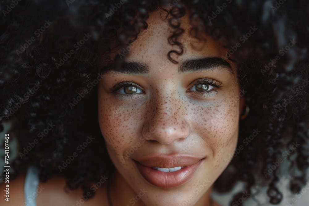 Poster a close-up shot of a woman with freckles on her face. this versatile image can be used in various pr