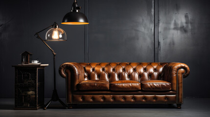Leather sofa with lamp.