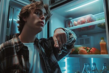 A young man pointing at something in a refrigerator. Suitable for use in articles or advertisements about healthy eating or food choices