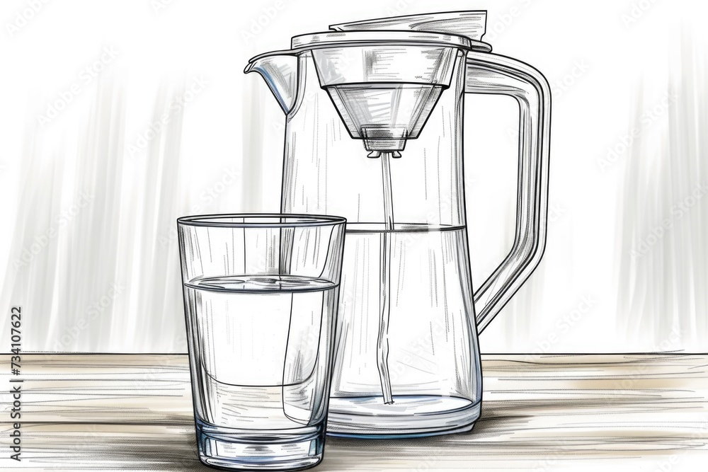 Poster a simple drawing of a pitcher and a glass of water. suitable for illustrating hydration, refreshment