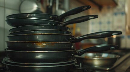 Pots and pans neatly stacked on top of a stove. Suitable for kitchen and cooking-related themes - obrazy, fototapety, plakaty