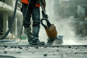 A man is using a concrete machine on a construction site. Suitable for construction industry projects - obrazy, fototapety, plakaty