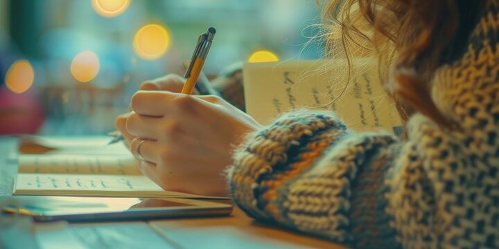 A person is seen writing on a notebook with a pen. This image can be used for various purposes