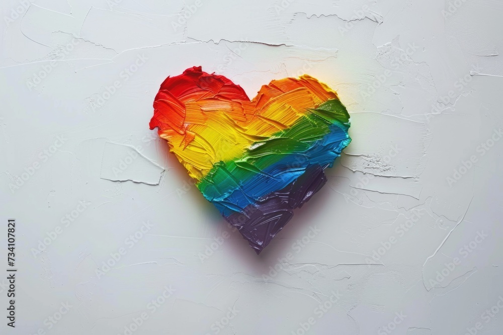 Poster a colorful heart painted in the shape of a rainbow on a clean white surface. this image can be used 