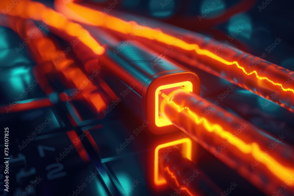 Poster A detailed view of a computer keyboard illuminated by vibrant neon lights.