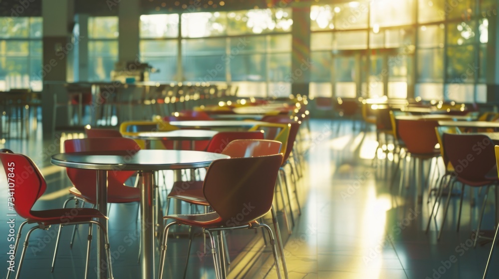 Poster a spacious conference room with neatly arranged tables and chairs. suitable for business meetings an