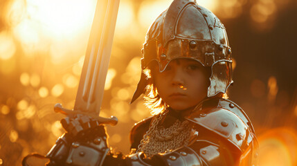 Little boy in armor and helmet with sword.