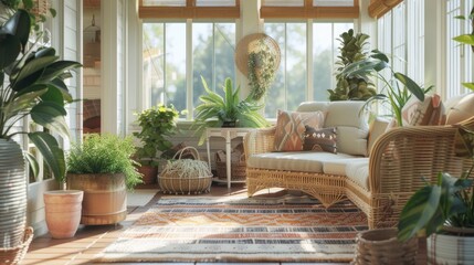 Fototapeta na wymiar A bright and airy sun room filled with lush green plants and a comfortable couch. Perfect for creating a relaxing and peaceful atmosphere. Ideal for home decor or interior design projects