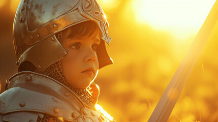 Little boy in armor and helmet with sword.