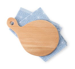 Wooden cutting board and napkin isolated on white, top view