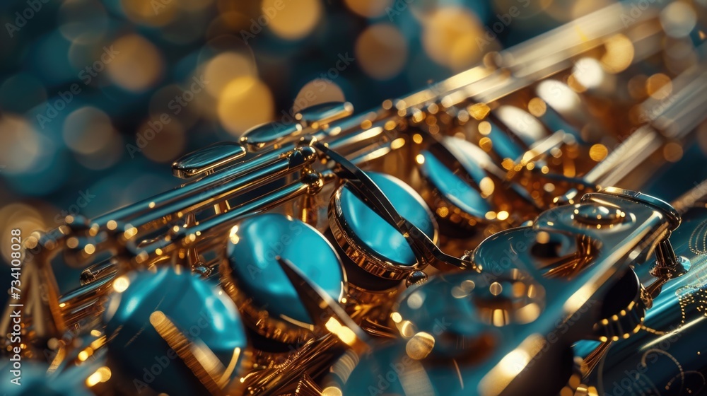 Poster a close up view of a blue and gold saxophone. this image can be used to represent music, jazz, instr