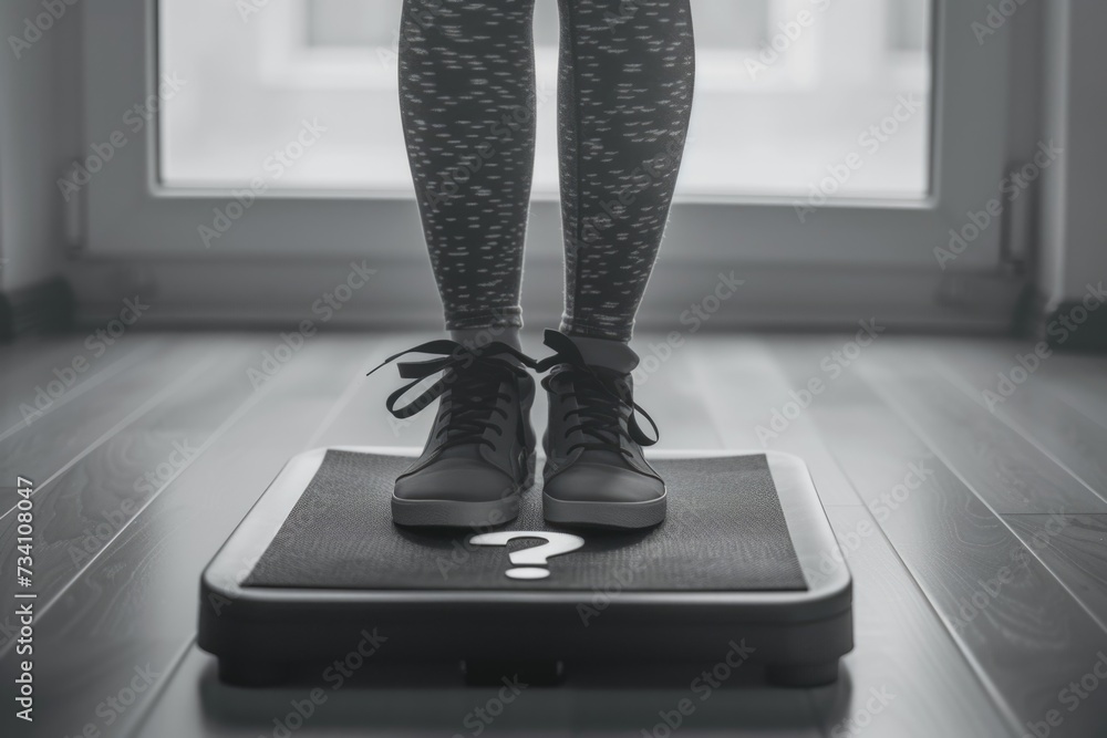 Poster a person standing on a scale in front of a window. can be used for health and fitness concepts
