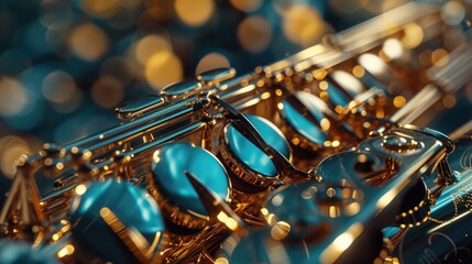 A close up view of a blue and gold saxophone. This image can be used to represent music, jazz,...