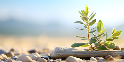 Stones with green plant on beach, closeup. Zen concept