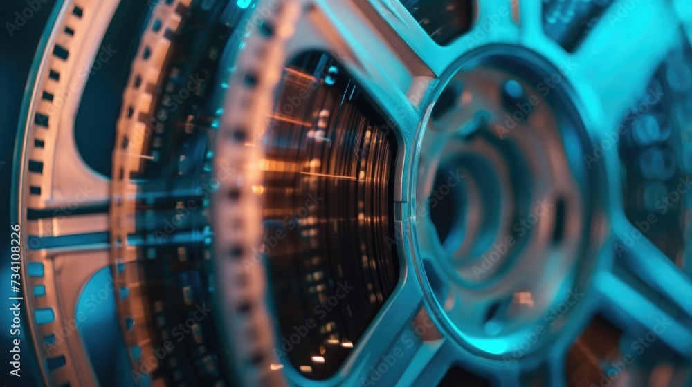 Poster a detailed close up view of a machine's wheel. this image can be used to showcase industrial process