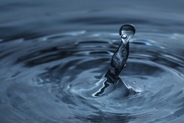 Splash of clear water with drops on dark blue background, closeup