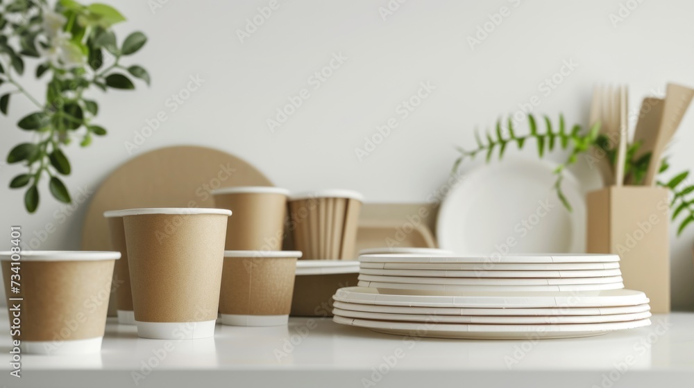 Aufkleber A collection of plates and cups arranged neatly on a table. Suitable for various dining or catering concepts