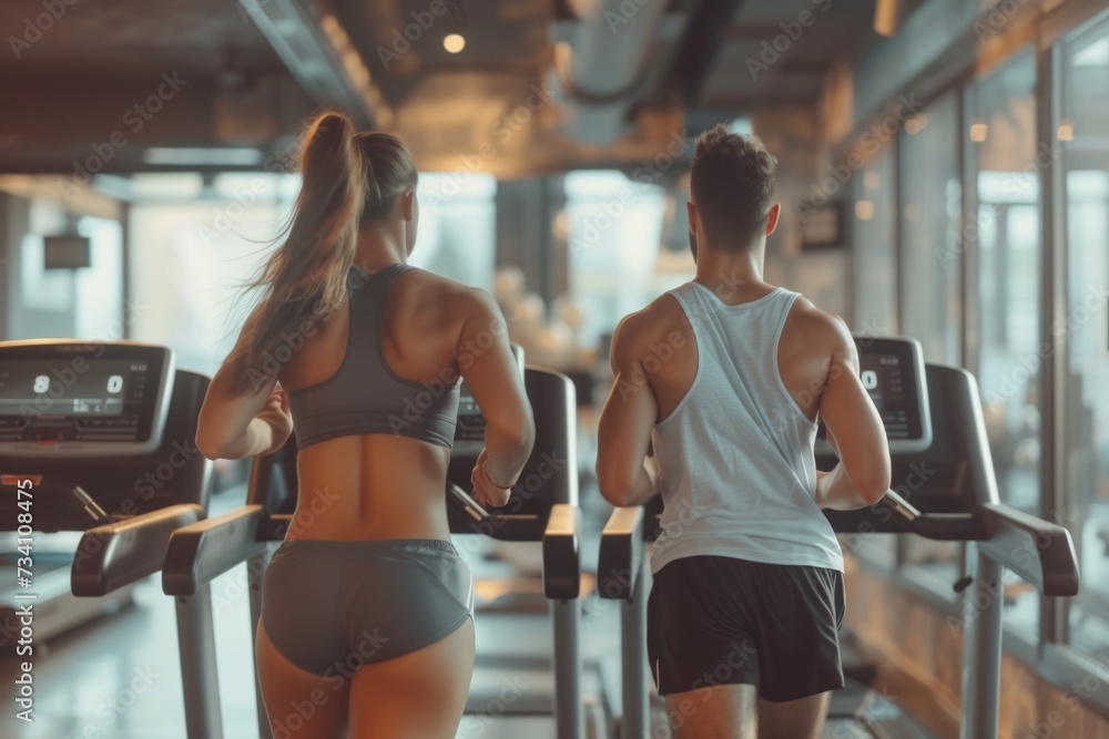 Poster a man and a woman running on a treadmill. suitable for fitness and exercise-related projects