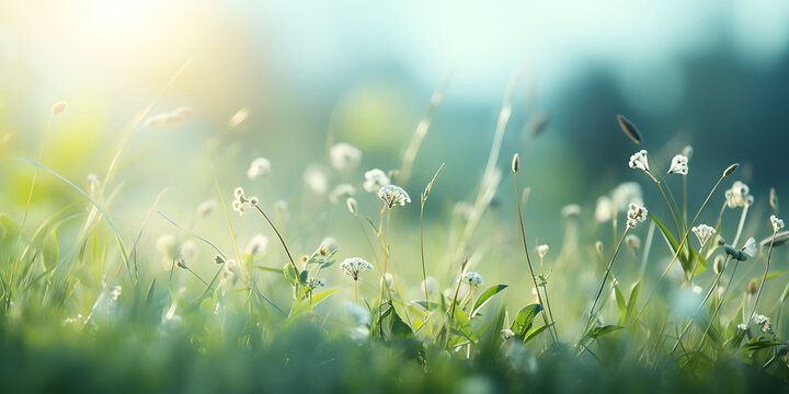 Summer meadow with grass and wild flowers. Nature background. Shallow depth of field