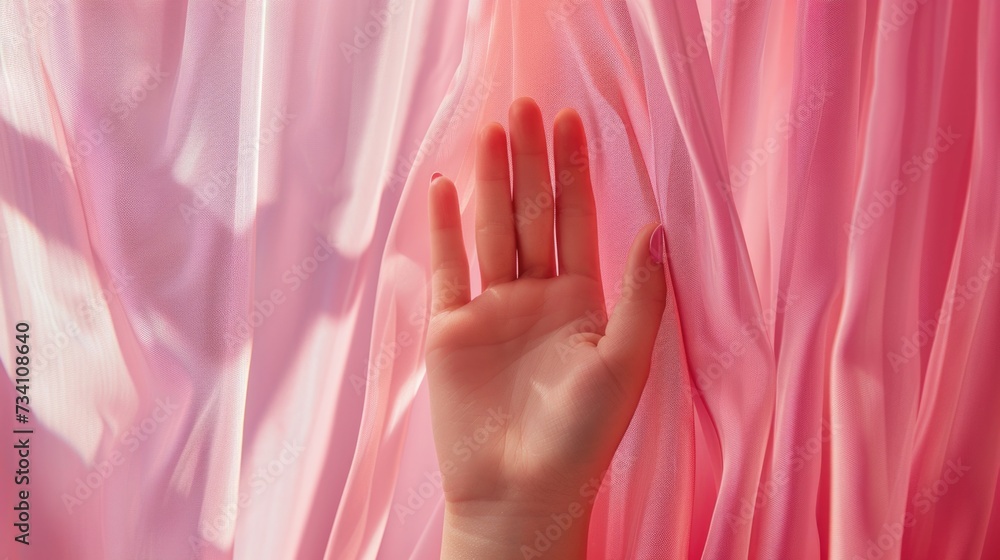 Poster a person holding their hand up in front of a pink curtain. suitable for various uses