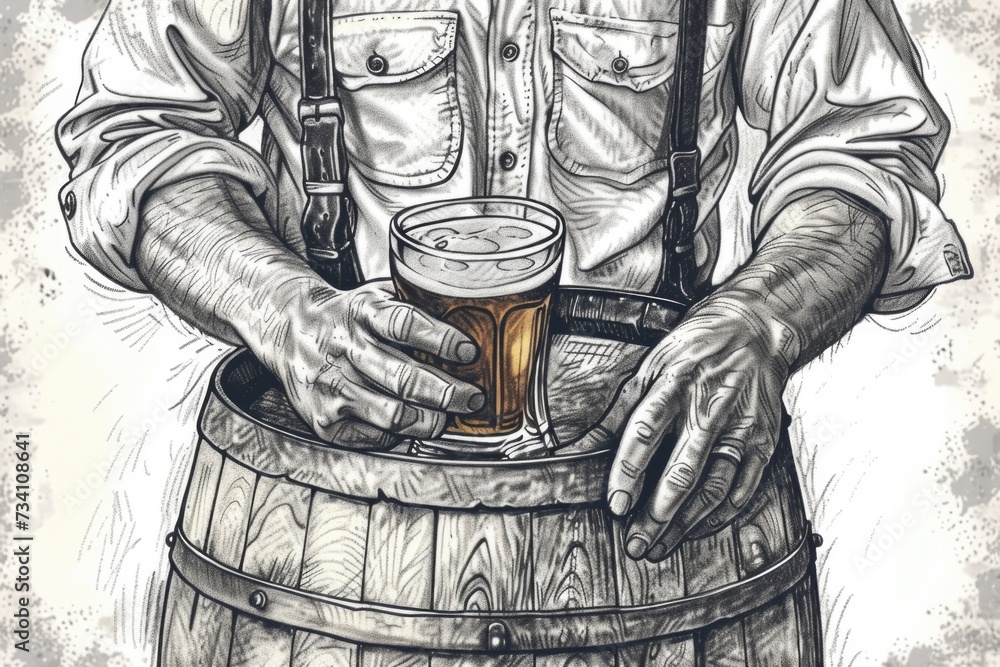 Poster a drawing of a man holding a glass of beer. suitable for use in beer-related articles or advertiseme