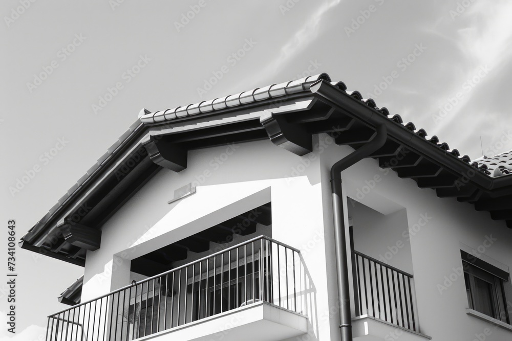 Poster a black and white photo of a building with a balcony. suitable for architectural designs or real est