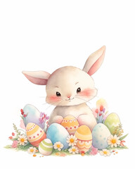 Easter greeting card with copy space. Kawaii fluffy rabbit among colorful easter eggs in grass. Spring postcard with cute bunny for religious holiday. Watercolor style illustration - 734108616