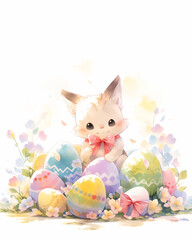 Easter greeting card with copy space. Kawaii fluffy kitten with red bow sits among colorful eggs. Spring postcard with cute cat for religious holiday. Watercolor style. - 734108619