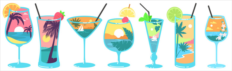 Summer cocktail drinks set with beach nature boho seamless pattern design