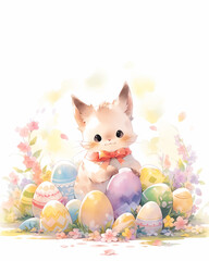 Easter greeting card with copy space. Kawaii fluffy kitten sits among colorful easter eggs in grass. Spring postcard with cute cat for religious holiday. Watercolor style illustration. - 734108653