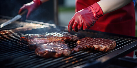 Chef's hands in red latex gloves prepare meat on a barbecue grill. Street food festival. - obrazy, fototapety, plakaty