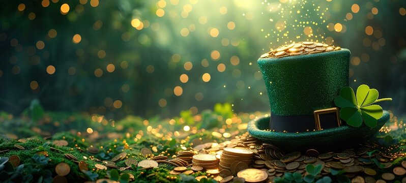 St. Patrick's Day leprechaun hat, gold coins and shamrocks on green background - Powered by Adobe