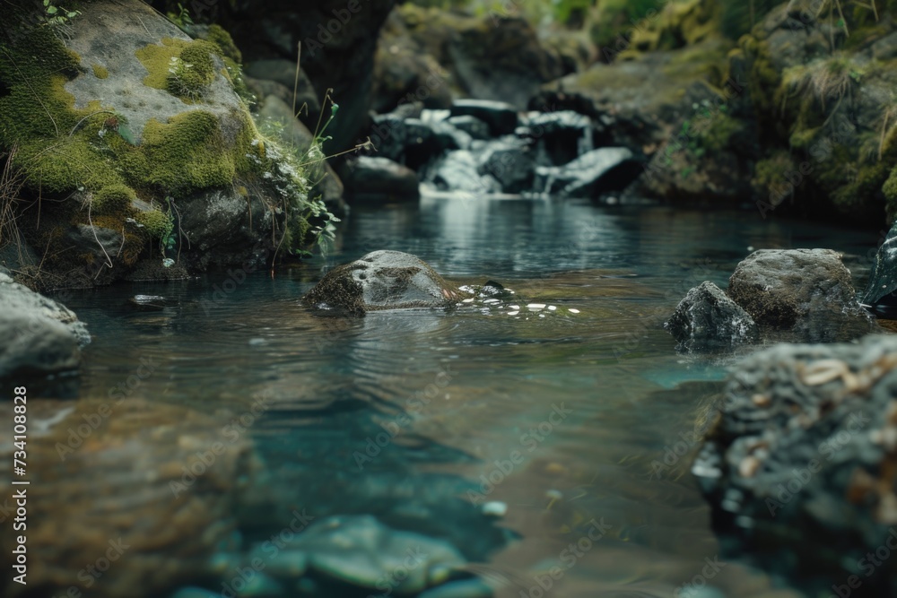 Poster a picturesque scene of a stream running through a vibrant and verdant forest. ideal for nature and o