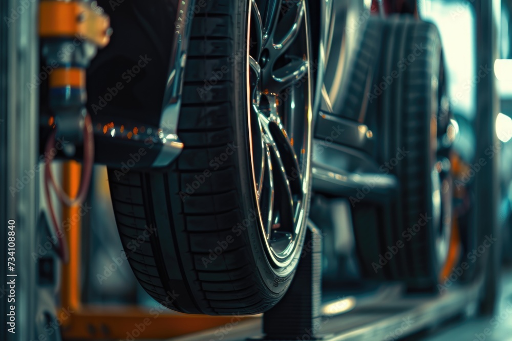 Poster a close up view of a tire placed on a lift. this image can be used to showcase automotive maintenanc