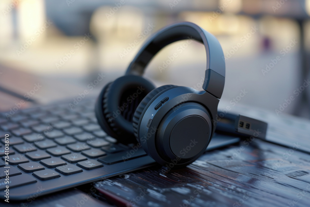 Poster a pair of headphones sitting on top of a keyboard. can be used to represent music, technology, or wo