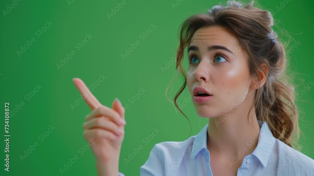 Poster A woman pointing at something on a green screen. Suitable for use in presentations, advertisements, or any content that requires a customizable background