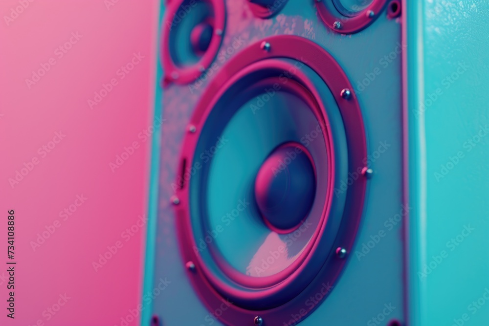 Poster a close-up view of a speaker on a vibrant pink and blue background. this image can be used for vario