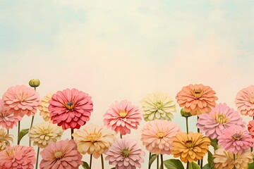Top-down perspective of radiant zinnias on a muted pastel base, creating a captivating scene for text placement.