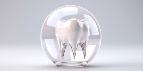 White molar tooth in a glass protective bubble on a white background. Oral care products.