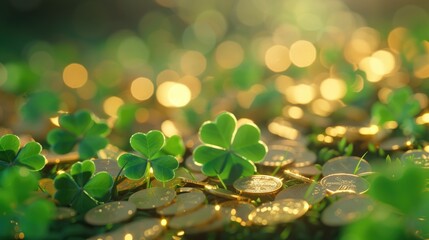 A pile of clovers with a bunch of coins sitting on top. Great for St. Patrick's Day or financial concepts - obrazy, fototapety, plakaty