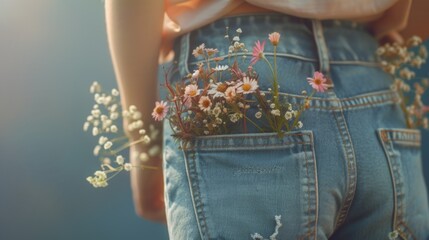 A person with a bunch of flowers tucked into their back pocket. This image can be used to represent love, surprise, or a romantic gesture