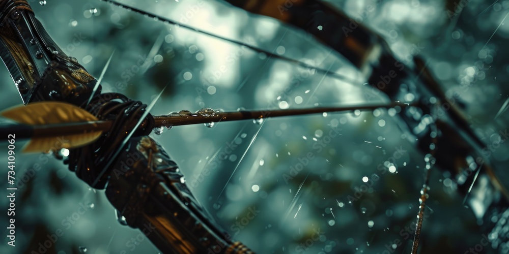 Poster bow and arrow being held in a close-up shot, with raindrops falling in the background. suitable for 