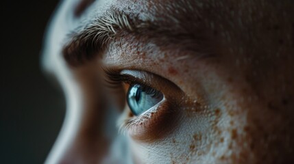 A detailed close-up view of a person's eye with prominent freckles. This image can be used to depict natural beauty, individuality, or as a visual metaphor for uniqueness.