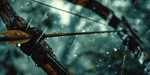 Bow and arrow being held in a close-up shot, with raindrops falling in the background. Suitable for various outdoor and adventure themes - obrazy, fototapety, plakaty