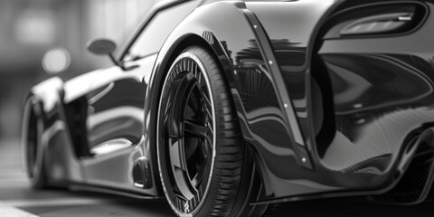 A black and white photo of a sports car. Suitable for automotive enthusiasts and car-related content