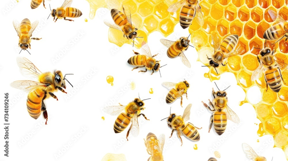 Poster bees gathered on a piece of honey. suitable for illustrating the concept of beekeeping or the import