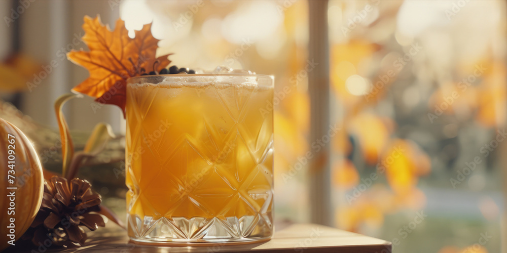 Poster a glass filled with a drink is placed on top of a table. this versatile image can be used in various