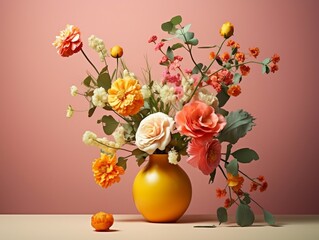 Yellow and pink flowers are in a vase